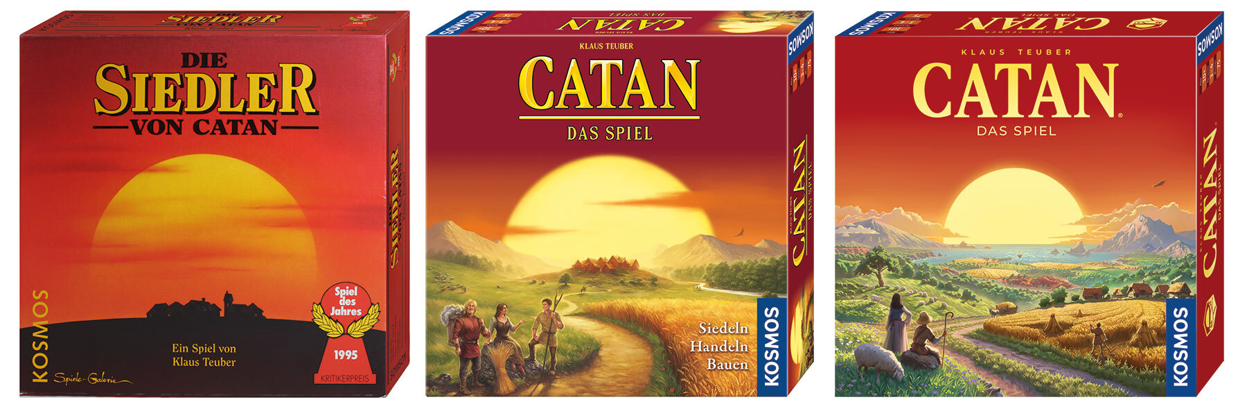 Deutsche Catan-Ausgaben von 1995, 2015 und 2025 (von links nach rechts). Fotos: Kosmos