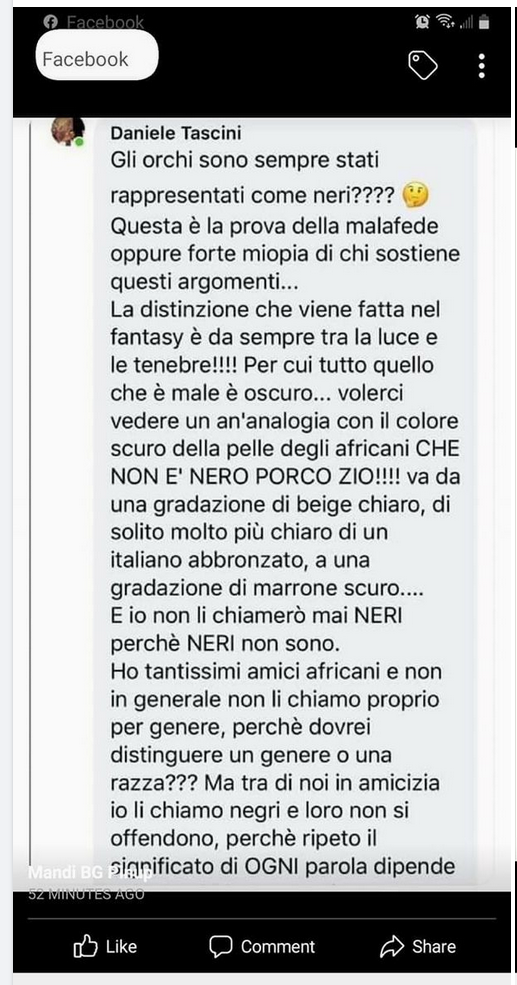 Daniele Tascini: Facebookbeitrag in italienischer Sprache.