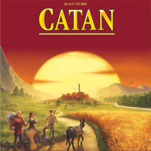 Bearbeitetes Catan-Cover: Logos und Schriften lassen sich mit "Generativer Füllung" einfach per "remove text" entfernen, Berge und rauchende Schornsteine lassen sich mit "mountain" und "smoke coming from chimneys" hinzufügen.